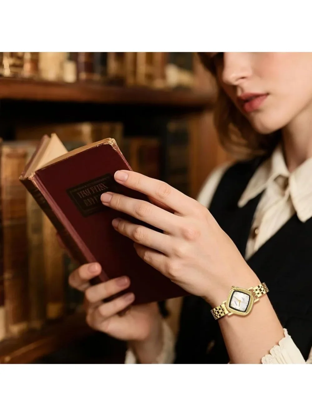 Women’s Gold White Analog Quartz Roman Numerals Stainless Steel Band Wrist Watch